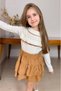 Girl's Baby Neck Breasted Ruffled Ribbed Slim Sweater with Fold Pleat Brown Skirt Set - 2