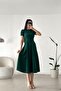 Green Short-Sleeve Pocketed Long Crepe Fabric Dress - 4