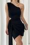 Black Asymmetrical Cut Skirt Tied Crepe Fabric Dress - 4