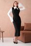 Women's Black Atlas Fabric Shirt Collar Sleeves Pleated and Slit Detailed Midi Pencil Evening Dress 278 - 7