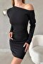 Black single shoulder open detail imported crepe fabric long sleeve dress