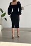 Black Princess Sleeve Slit-Detail Sweetheart Neck Midi Length Dress - 5