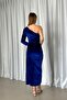 Blue Asymmetric Collar Gathered Slit Single Sleeve Midi Length Dress Evening Dress - 5