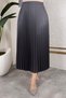 Women's Hijab Clothing and Leather Look Pleated Long Skirt with Elastic Waist Detail - 4