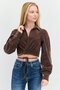 Women Surplice Neckline Long Sleeves Textured Blouse, Dark Brown