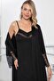 18155 Women's Black Lace Detailed String Strap Nightgown Dressing Gown Set