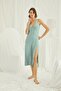 Women's Light Green Chest and Back Decorated Brode Lace Slit Nightdress 18464 - 3