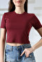 Cotton Compact Combed Ribbed Crew Neck Crop T-Shirt 21560 Claret Red - 2