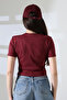 Cotton Compact Combed Ribbed Crew Neck Crop T-Shirt 21560 Claret Red - 4