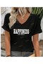 Women's Black V-Neck T-Shirt, Printed, New Season, Oversized, Loose Fit.