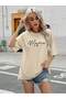 Beige Oversize Mama Heart T-Shirt - Crew Neck, Printed Short Sleeve - 4