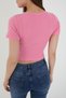 Women's Crew Neck Ribbed Short Sleeve Pink Body Crop Blouse - 5
