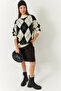 Women's Ecru Black Diamond Patterned Half Turtleneck Oversize Thick Knitwear Sweater 60261376