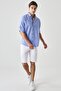 Men's Cobalt Blue Linen Comfort Fit Relaxed Fit Buttoned Lapel Casual Shirt - 3