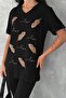 Women's Black V-Neck Plus Size Leaf Sequin Sequin Embroidered 100% Cotton T-Shirt