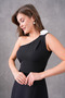Black Lined Atlas Fabric Shoulder Rose Detail Skirt Pleated Design Mini Flared Dress 9357 - 2