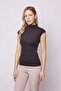Women's Stand Collar Front Stitching Detail Light Shiny Lycra Tough Fabric Short Sleeve Body Blouse-Black - 5