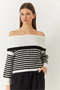 Women's White Black Degaje Collar Striped Sweater 20246303 - 2