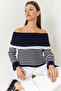 Women's Navy Blue White Degaje Collar Striped Sweater 20246303 - 2