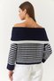 Women's Navy Blue White Degaje Collar Striped Sweater 20246303 - 6
