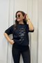 Women's Black Pearl and Seashell Embroidered Six Gathered Short Sleeve T-Shirt - 3