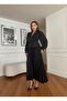 Women's Imported Fabric Pleated Stone Embroidered Sleeve Button Detail Special Design Lined Maxi Dress