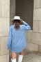 Women's Light Blue Snap Fastener, Two Pocket Detail, Tasseled Skirt, Loose Long Denim Shirt - 8