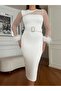 Women's Imported Fabric Stone Embroidered Sleeves Tulle Chiffon Detail Otrish Belted Lined Special Design Dress - 3