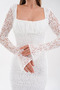 White Lined Lace Fabric Layered Square Neck Design Long Lace Sleeve Design Midi Dress 209 - 7