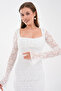 White Lined Lace Fabric Layered Square Neck Design Long Lace Sleeve Design Midi Dress 209 - 2