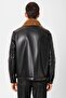 Black/Brown Lining Detailed Faux Leather Coat - 6