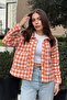 Women's Orange Double Pocket, Gingham Pattern, Comfortable Fit, Short Tweed Jacket