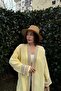 Women's Yellow Muslin Fabric, Loose Kimono Jacket with Straw Stripe Detail - 2