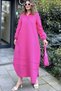 Women's Fuchsia Judge Collar, Elastic Balloon Sleeves, Skirt and Sleeve Fold Fabric Stitching, Long Loose Dress - 2