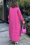 Women's Fuchsia Judge Collar, Elastic Balloon Sleeves, Skirt and Sleeve Fold Fabric Stitching, Long Loose Dress - 7