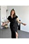 Women's Black Linen Belt Pack Short Sleeve Summer Comfortable Cut Slit Daily Long Dress 3221418 - 2