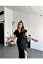 Women's Black Linen Belt Pack Short Sleeve Summer Comfortable Cut Slit Daily Long Dress 3221418 - 5