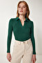 Women's Green Polo Neck Corded Knitted Blouse GT00111 - 3