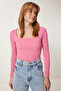 Women's Pink Square Collar Ribbed Knitted Blouse GT00052 - 3
