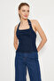 Koyu Mavi Kemer Toka Detaylı Halter Yaka Denim Bluz TWOSS25BZ00065 - 3