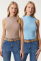 Women's Sky Blue Beige Turtleneck Sleeveless 2 Pack Knitted Blouse Gt00012