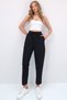Women's Black Double Pocket Linen-Look Baggy Cut Woven Trousers Alc-X13653
