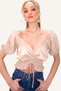 Women's Camel Madonna Collar Waist and Sleeves Elastic Front Gathered Crop Woven Blouse ALC-X8562