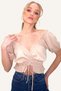 Women's Camel Madonna Collar Waist and Sleeves Elastic Front Gathered Crop Woven Blouse ALC-X8562 - 2