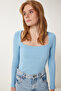 Women's Sky Blue Square Neck Corded Knitted Blouse GT00052 - 3