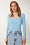 Women's Sky Blue Square Neck Corded Knitted Blouse GT00052 - 4