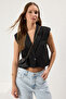 Siyah Oversize Crop Cep Detaylı Dokuma Yelek TWOSS25YE00065 - 2