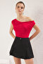 Red*001 Red Straight Boat Neck Fitted Viscose/Soft Fabric Stretchy Knitted Knitted Blouse Twoss24Bz00090