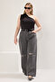 Gri Yüksek Bel Destroylu Geniş Paça/Wide Leg %100 Pamuk Non-Stretch Jeans TBBSS22JE00006 - 2