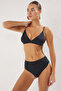 Siyah Üçgen Hipster Yüksek Bel Kaplı Basic Bikini Takımı TBESS22BT0016